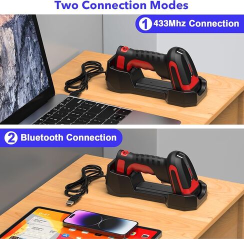 ماسح باركود لاسلكي مع قاعدة متوافق مع بلوتوث. مع قاعدة شحن. ماسح باركود USB 1D محمول للمخزون. قارئ باركود لاسلكي وسلكي 2.4G للكمبيوتر اللوحي iPhone iPad Android iOS in Saudi Arabia
