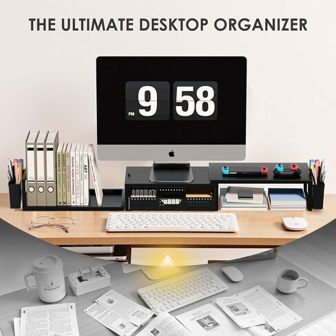 Desk Organizers and Accessories, Dual Monitor Stand Riser with Drawer and 2 Pen Holders, Desk Shelf Metal Computer Monitor Stand for Office Workspace Organizers, Desktop Organization (Black) in Kuwait