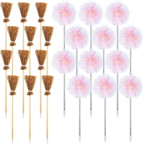 24 Pcs Witch Party Favors Including 12 Witch Broom Pens and 12 Pink Pom Pom Ballpoint Pens Goodie Bags Stuffer Broom Pencils Wands for Wizard Halloween Party Decorations Gifts (Classic) in Saudi Arabia