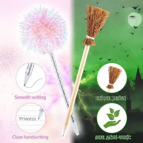 24 Pcs Witch Party Favors Including 12 Witch Broom Pens and 12 Pink Pom Pom Ballpoint Pens Goodie Bags Stuffer Broom Pencils Wands for Wizard Halloween Party Decorations Gifts (Classic) in Saudi Arabia