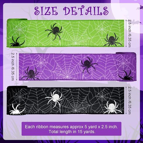 Hanaive 3 Rolls 15 Yards Halloween Ribbon Edge 2.5 Inch Halloween Spider Web Wired Ribbons Colorful for Home Party Decor Wrapping(Green, Purple, Black) in Saudi Arabia