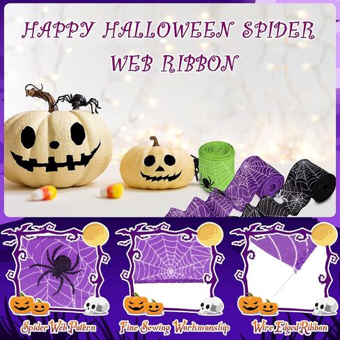 Hanaive 3 Rolls 15 Yards Halloween Ribbon Edge 2.5 Inch Halloween Spider Web Wired Ribbons Colorful for Home Party Decor Wrapping(Green, Purple, Black) in Saudi Arabia