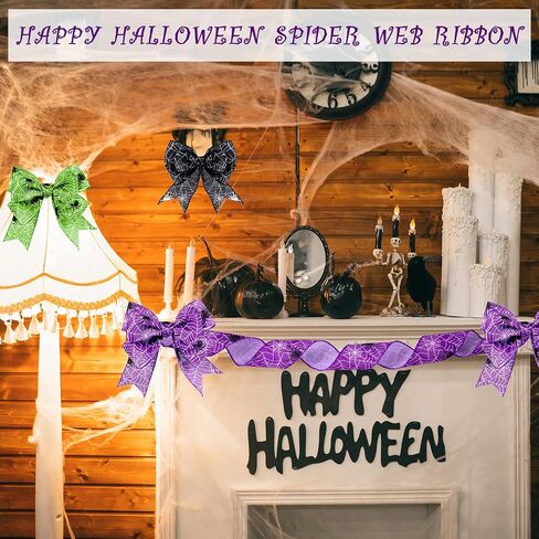 Hanaive 3 Rolls 15 Yards Halloween Ribbon Edge 2.5 Inch Halloween Spider Web Wired Ribbons Colorful for Home Party Decor Wrapping(Green, Purple, Black) in Saudi Arabia