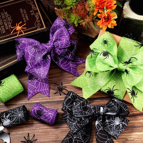 Hanaive 3 Rolls 15 Yards Halloween Ribbon Edge 2.5 Inch Halloween Spider Web Wired Ribbons Colorful for Home Party Decor Wrapping(Green, Purple, Black) in Saudi Arabia