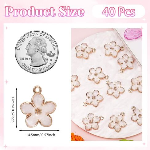 40 Pcs Cherry Blossom Flower Charms for Jewelry Making, Gold Plated Enamel Flower Charms, Cute Flowers Pendants for Bracelets Necklaces Earrings Purse Keychains DIY Crafts（Pink White） in Kuwait