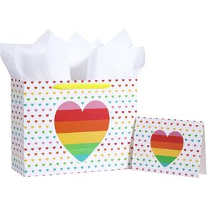 Loveinside Rainbow Gift Bag, Colorful Hearts Design, Medium Size Bag with Tissue Paper, Tag, Greeting Card, Ideal for fo Diversity Rainbow Celebrations, Birthday, Holiday, 13" x 5" x 10", 1 Pcs