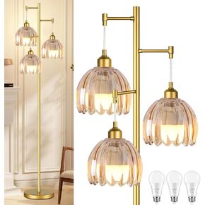 Gold Floor Lamp for Living Room,Bedroom,Mid Century Modern Standing Lamp Brass Tree 3 Light Tall Lamps Vintage Retro Floor Lights Glass Lamp Shade Farmhouse Boho Bohemian
