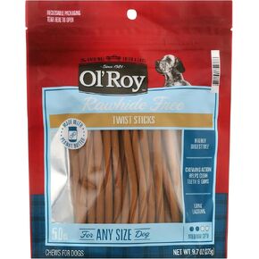 Ol Roy Rawhide-Free Peanut Butter Twist Sticks, 50 Count, Made with Real Chicken and Peanut Butter, Highly Digestible, Long-Lasting, Medium Chew, Helps Clean Teeth and Gums, for Dogs