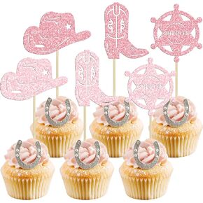 Ephlyn 30Pcs Cowboy Cupcake Toppers Glitter Cowboy Hats Boots Cupcake Picks Cowboy Party Cupcake Decorations for Western Theme Baby Shower Boys Birthday Party Cake Decorations Supplies Pink Light Pink