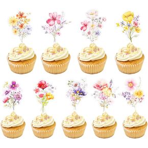 36 PCS Flower Floral Cupcake Toppers Decoration Set Spring Wildflower Birthday Party Decorations Cake Dessert Toppers Picks Decor Supplies for Floral Birthday Baby Shower Bridal Shower Party