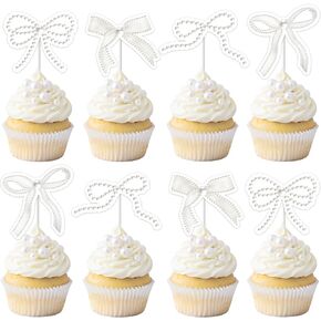 24Pcs Bow and Pearl Cupcake Toppers, White Bowknot Cupcake Picks Birthday Baby Shower Cake Dessert Decorations Bridal Shower Bachelorette Wedding Party Supplies
