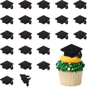 DecoPac Grad Hat Cupcake Toppers, 24 Graduation Cake Decorations, Black Grad Hat Rings, Food Safe Cake Decorations - 24 Pack