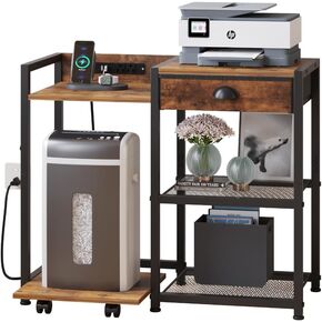 ZIWEI STAR Printer Stand with Storage Drawer,Printer Table with USB Port, 3 Tier Shelf, Base Stand with Wheels.Printer Cabinet for Home and Office.Brown
