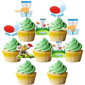 24Pcs Disc Golf Cupcake Toppers Disc Golf Party Decorations Disc Golfer Cupcake Toppers Disc Golf Basket Cupcake Picks Sports Theme Cake Decorations for Baby Shower Birthday Party Supplies