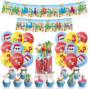 Party Decorations Set for Christmas Festival in July – Summer Hawaiian Luau Banner, Balloons & Cake Toppers with Santa & Flamingo for Tropical Birthday, Baby Shower & Pool Party Supplies