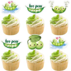 Cheereveal 24pcs Two Peas in a Pod Twins Baby Shower Cupcake Toppers, Cute Peas Cake Decorations, Green Vegetable Theme Cupcake Picks Gender Reveal Party Supplies