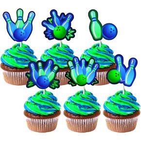 JOYMEMO 36 Pcs Bowling Party Cupcake Toppers - Bowling Birthday Decorations for Boys, Double Sided Paper Let's Strike Up Sports Cake Decor Party Supplies