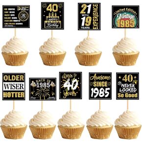 Ercadio 36PCS Happy 40th Birthday Cupcake Toppers Glitter Forty Vintage 1985 Cake Picks Cheers to 40 Fabulous Older Wiser Hotter Cake Decor for 40th Birthday Wedding Anniversary Party Supplies