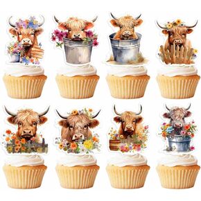 48pcs Highland Cow Baby Shower Cupcake Toppers - Holy Cow Baby Shower Birthday Supplies, Cute Cow Party Cake Decorations