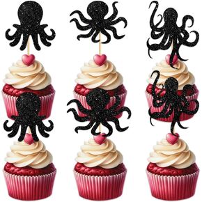 W Octopus Cupcake Topper for Sea Creature Theme Party Favors Decorations Cheer to Men Women Happy Birthday Party Decor Supplies set 18pcs Black Glitter
