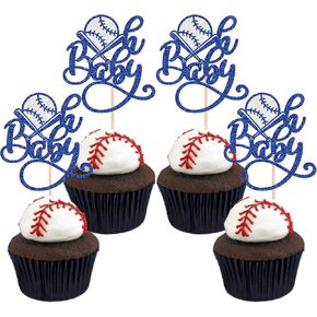 Gyufise 24pcs Baseball Cupcake Toppers - Glitter First Birthday Baseball One Cupcake Picks Decorations for Sports Theme Baby Shower 1st Birthday Party Supplies