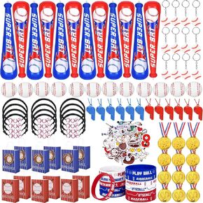 Aneco 144 Pieces Baseball Theme Party Favors with Inflatable Bats Stress Baseballs Keychains Stickers Whistle Medals Bracelets Tote Bags for Sport Party Baseball Decorations Birthday Gifts