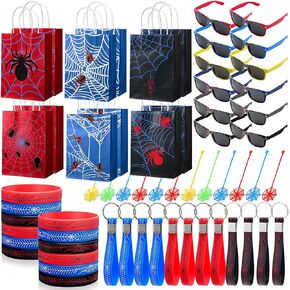 60 Pcs Spider Party Favors Include Spider Sunglasses, Web Gift Tote Bags, Blue Red Black Rubber Wristbands, Silicone Keychains and Sticky Webs for Birthday Comic Hero Party Decoration