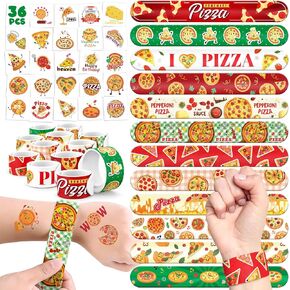 60 PCS Pizza Party Favors Set - 36 Temporary Tattoos Sticker & 24 Slap Bracelets for Kids, Perfect for Birthday Parties, Classroom Rewards and Gifts
