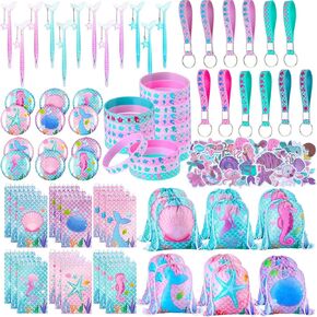 Sherr 140 Pcs Mermaid Gift Bags Party Favors for Girls Birthday Decorate Supplies Include Drawstring Bags Silicone Bracelets Keychains Pens Stickers Notebooks Pinata Stuffers (Mermaid)