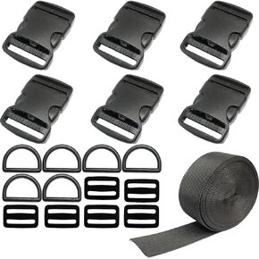 Buckles Straps Set 1.5 Inch Nylon Webbing Straps 6 Yards with 6 PCS Plastic Buckles Clips Quick Release Adjustable Flat Side Release Buckles D Rings for Sewing DIY Backpack Dog Collar