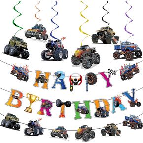 Monster Truck Birthday Party Decorations - 2pcs Trucks Happy Birthday Banner, 1pcs Monster Truck Banner Bunting Garlands, 6pcs Trucks Themed Hanging Swirls(6 styles)