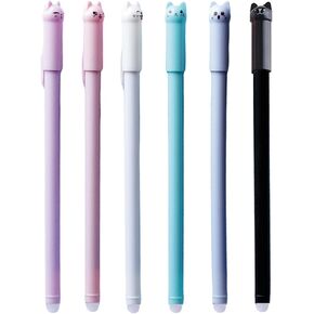 6 Pcs Cute Cat Erasable Pens Cartoon Erasable Gel Pen 0.5mm Blue Ink Writing Pen Kawaii Kitty Pens for Women Girls Boys Office School Supplies (Cat 1-Blue Ink)