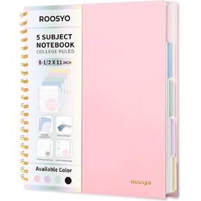 Aesthetic 5-Subject Notebook College Ruled with 5 Movable Tab Dividers & Pockets, 150 Sheets, 3-Hole Punched, Spiral Notbook, Plastic Cover, Fits 8.5"x11", 61gsm Paper, Includes Writable Stickers – Cute School Journal or Office Supplies, Pink