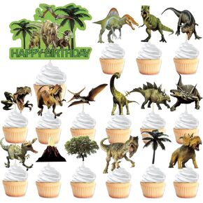 Dinosaur Cupcake Toppers Kit - 31PCS Realistic Dinosaur Birthday Decorations with Happy Birthday Banner, Dino Cake Topper Party Supplies for Kids Boys Girls Cake Decorations