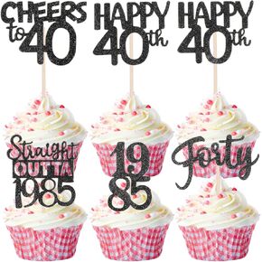 36PCS Happy 40th Birthday Cupcake Toppers Black Glitter Forty Cheers to 40 Years Old Cupcake Picks Vintage 1985 Cupcakes Picks for Anniversary Party Supplies