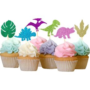 24 Pcs Dinosaur Cupcake Toppers, 6 Mixed Designs, 4 Pcs Each, Perfect for Kids Birthday Parties