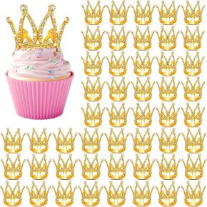 Maitys 50 Pcs Crown Cupcake Toppers Mini Crown Cake Topper Flower Bouquet Decorations for Wedding Graduation Baby Shower Birthday Christmas Party Decorations(Gold)