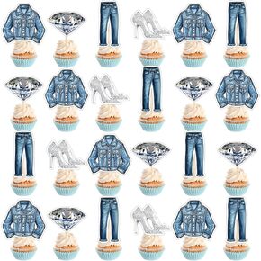 48 Pcs Denim and Diamonds Cupcake Toppers Denim Theme Party Cake Decorations Jacket Jeans Cupcake Food Picks Crystal Birthday Party Supplies for Women Bachelorette Wedding Dessert Favors