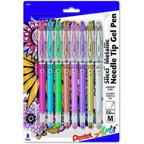 Pentel Arts Slicci METALLIC (0.8mm) Needle Tip Med Gel Pen Assorted Metallic Ink, 8 Pack