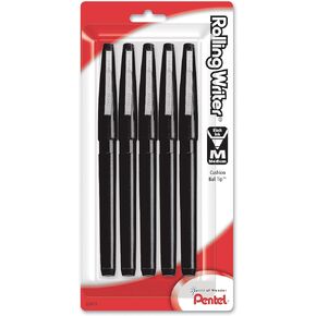Pentel Rolling Writer Roller Ball Pen, Medium Line, Black Ink, Pack of 5 (R100BP5A)