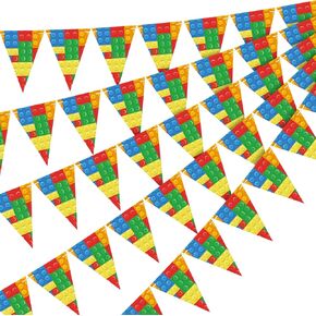 5 Pcs Pre Strung Building Block Birthday Party Supplies Banner Birthday Decorations Triangular Flag Pennant