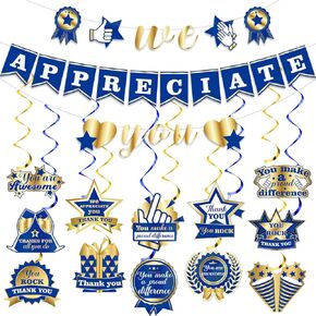 We Appreciate You Banner Decorations Blue Gold Thank You Hanging Swirls Sign Employee Appreciation Streamer for Pastor Staff Teacher Retirement Doctor Nurse Thanksgiving Party Supplies