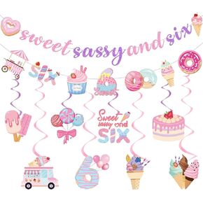 Sweet Sassy Six Birthday Decorations, 10PCS 6th Bday Banner with Hanging Swirls Decorations for Girls 6 Years Old Decor