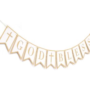 God Bless Banner - First Communion, Baptism, Christening Decor, Double Layers God Bless Banner with Cross, Baby Boy Girl Baptism Decorations