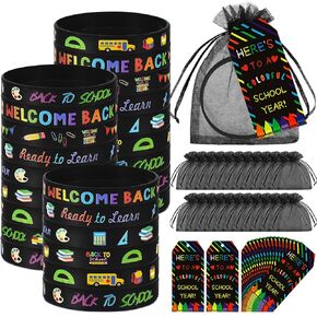 Kenning 72 Pcs 24 Set Welcome Back to School Rubber Bracelets Gift Set First Day of School Party Supplies Organza Bags and Gift Label Tags Classroom Prizes Gifts Goodie Bag Fillers(Black Color)