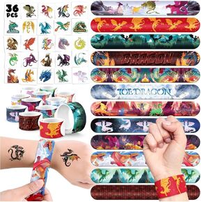 60 PCS Dragon Party Favors Set - 36 Temporary Tattoos Sticker & 24 Slap Bracelets for Kids, Perfect for Birthday Parties, Classroom Rewards and Gifts
