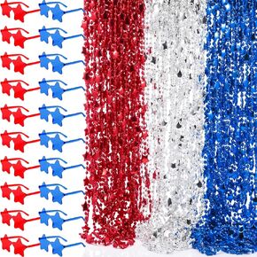 Remuuly 50 Pcs 4th of July Accessories Patriotic Party Supplies Includes 40 Beaded Necklaces and 10 Star Sunglasses Red White Blue Favors for Independence Day