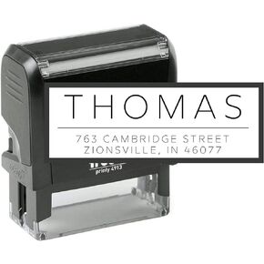 Stampi Custom Address Stamp - 3 Lines Customizable Text with 15 Graphics - Self Inking Rubber or Wood Handle Stamp - Wedding Address Stamp - Modern Return Address Stamp - 7/8 x 2 3/8 (Thomas)