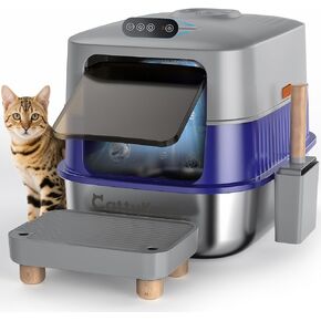 Odor Control XL Stainless Steel Litter Box，3-in-1 Enclosed High Sided Litter Box with High Lid for Big Cats，Non-Sticky，Anti-Leakage，Easy Clean，with Scoop & Filter Pedal