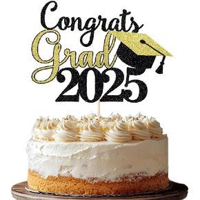 Black Gold Glitter Congrats Grad 2025 Cake Topper,Congratulations Cake Decor,Class of 2025 Themed Graduation Party Decorations for University College High School Celebration Party Supplies